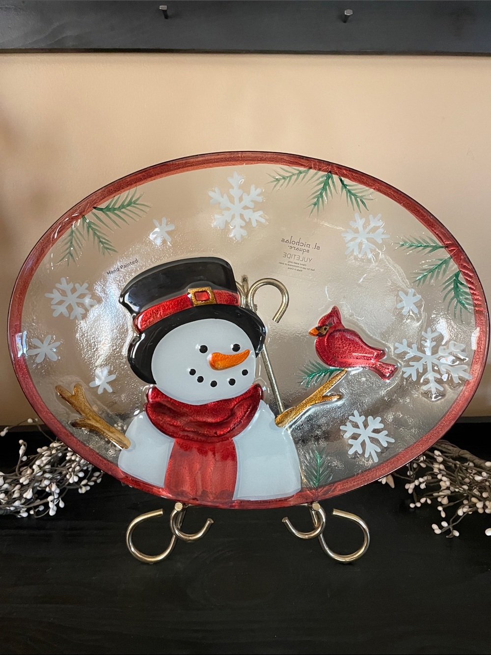 NWT St. Nicholas Square Festive Snowman Holiday Decorative Glass Platter-16”x12”